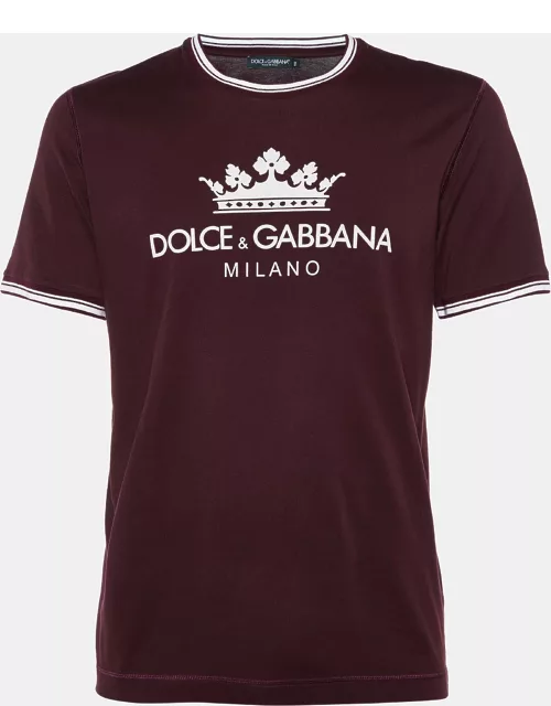 Dolce & Gabbana Burgundy Logo Print Cotton Crew Neck T-Shirt