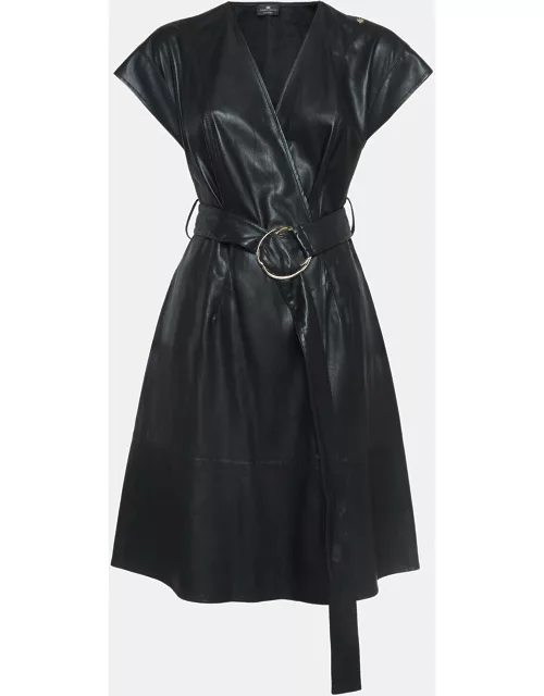 Elisabetta Franchi Black Faux Leather Belted Short Wrap Dress