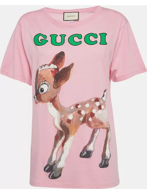 Gucci Pink Deer and Floral Print Cotton T-Shirt