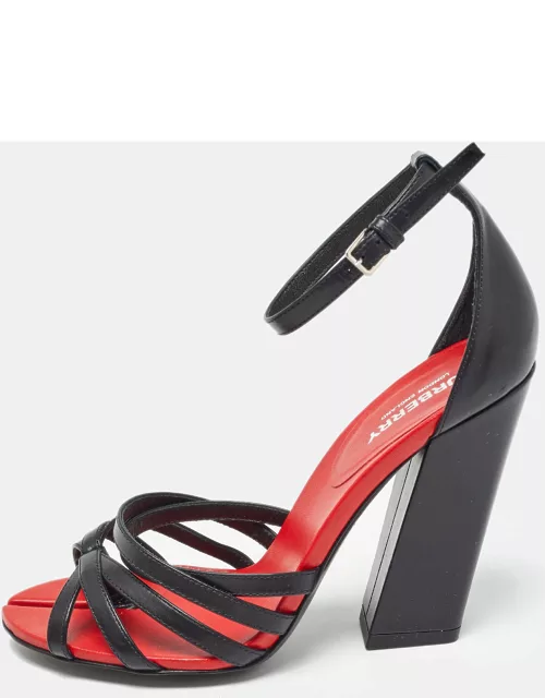 Burberry Black/Red Leather Hove Heel Ankle Strap Sandal
