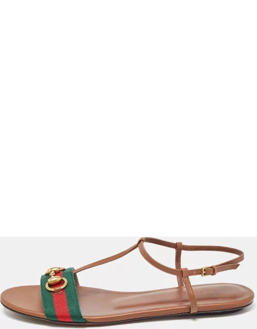 Gucci Brown Leather Web Detail Horsebit T-Strap Flat Sandal