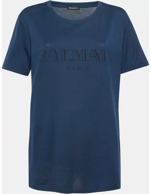 Balmain Navy Blue Logo Print Cotton Half Sleeve T-Shirt