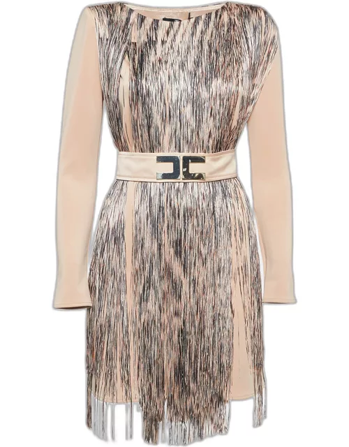 Elisabetta Franchi Beige Fringed Jersey Belted Midi Dress