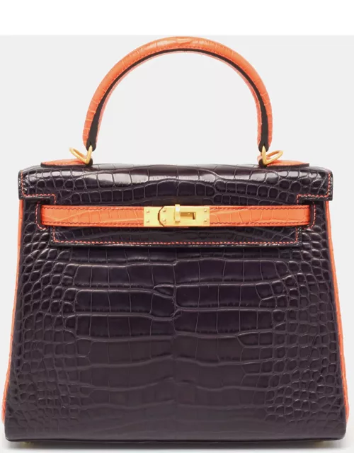 Hermès Orange Poppy/Amethyst Alligator Gold Finish Made To Order Kelly Retourne 25 Bag