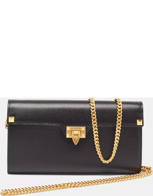 Valentino Black Leather Alcove Rockstud Wallet on Chain
