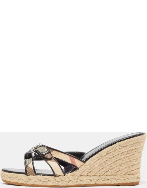 Burberry Beige/Black House Check Canvas and Patent Wedge Sandal