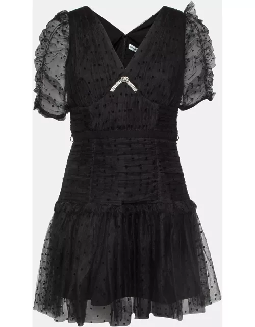 Self-Portrait Black Flocked Tulle Crystal Embellished Tiered Mini Dress