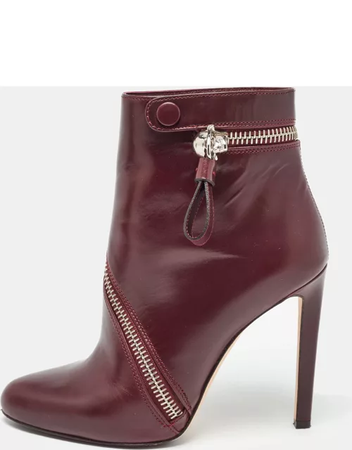 Alexander McQueen Burgundy Leather Spiral Zip Detail Ankle Boot