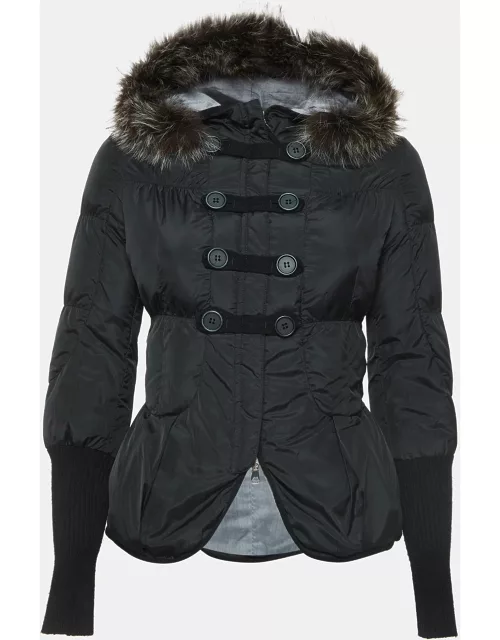 Brunello Cucinelli Black Fur Collar Synthetic Peplum Puffer Jacket
