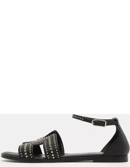 Hermes Black Leather Santorini Ankle Wrap Sandal