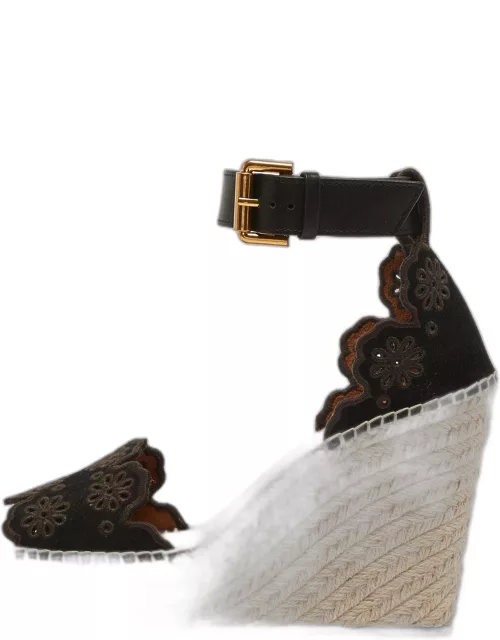 See by Chloe Black Suede and Leather Floral Lasercut Espadrille Wedge Sandal