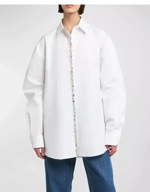 Poplin Button-Front Shirt with Crystal Trim Placket
