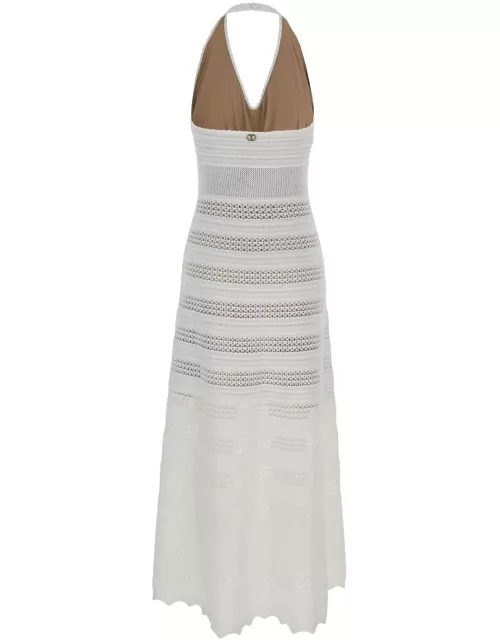 TwinSet Long Perforated White Dress With Halterneck In Viscose Blend Knit Woman