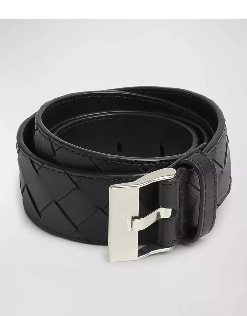Men's Watch-Buckle Intrecciato Leather Belt