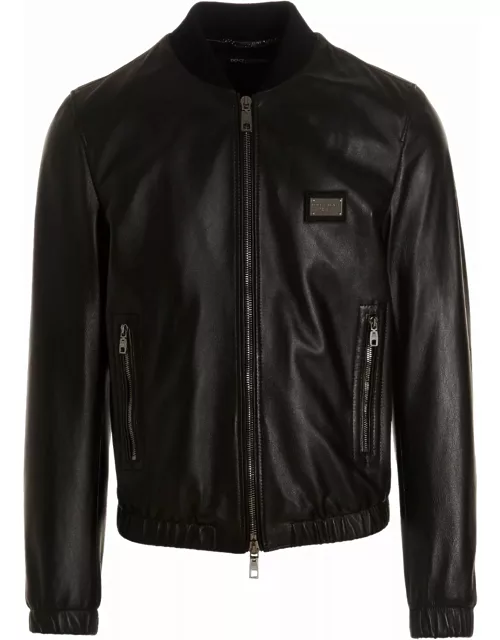 Dolce & Gabbana Leather Jacket With Logo Plaque