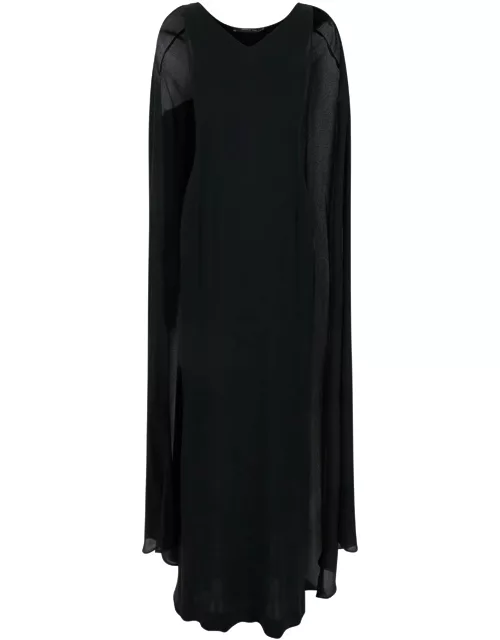Federica Tosi Black Semi-transparent Crew Neck Long Dress In Silk Blend Woman