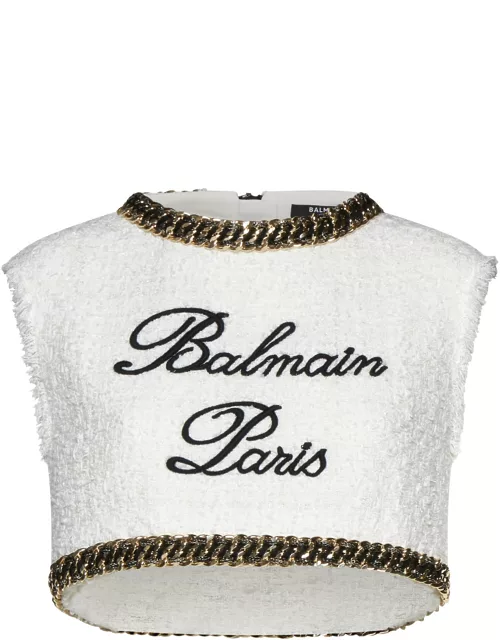 Balmain Signature Embrdrd Tweed Crop Top
