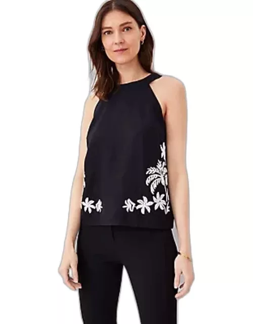 Ann Taylor Palm Embroidered Linen Blend Halter Top