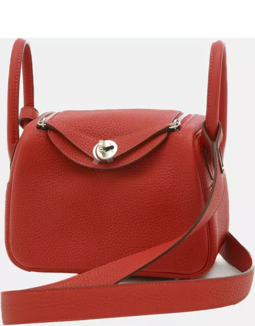 Hermes Vermilion Taurillon Clemence Leather Mini Lindy Shoulder Bag