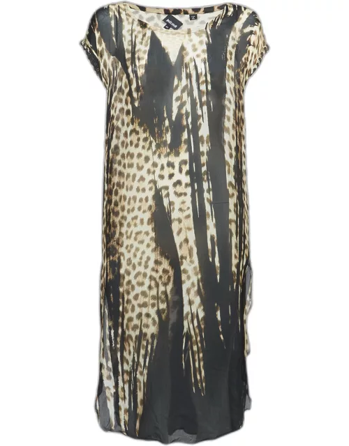 Just Cavalli Brown Leopard Print Silk Sheer Midi Dress