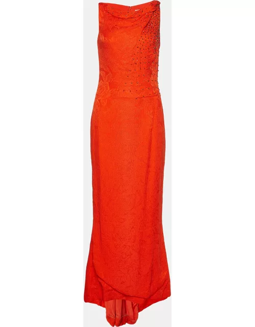 Carolina Herrera Orange Crinkled Silk Embellished Maxi Dress