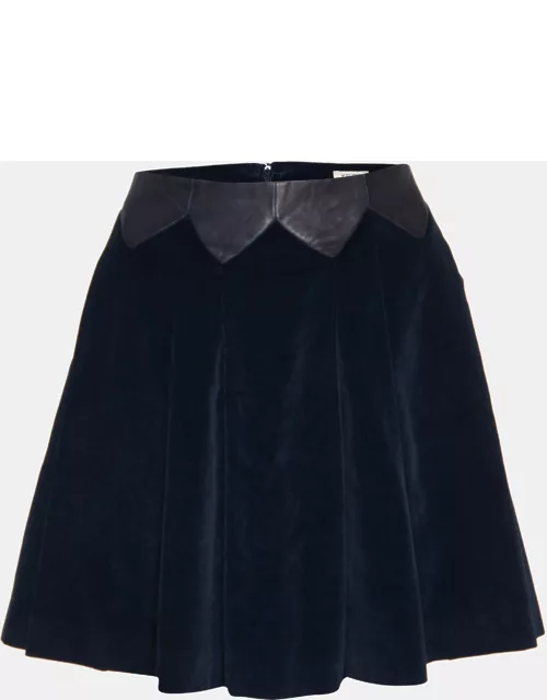 Kenzo Midnight Blue Checked Velvet Leather Trim Flared Skirt