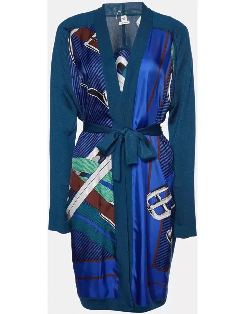 Hermes Teal Blue Printed Silk & Knit Belted Long Cardigan