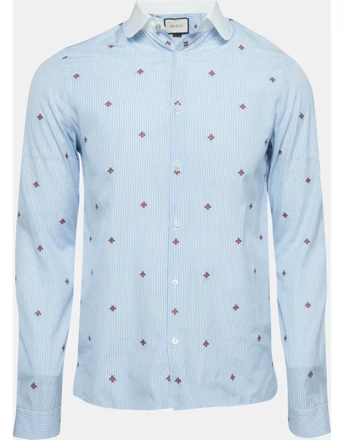 Gucci Blue Pinstripe Bee Embroidered Cotton Cambridge Shirt