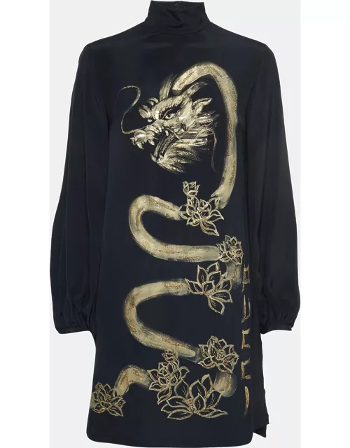 Emilio Pucci Black Hand Painted Dragon Silk Mini Dress