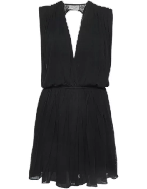 Saint Laurent Paris Black Draped Jersey Deep Neck Mini Dress
