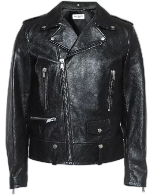 Saint Laurent Paris Black Leather Zipper Detail Biker Jacket