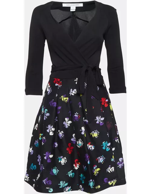 Diane Von Furstenberg Black Floral Printed Wool and Silk Wrap Dress