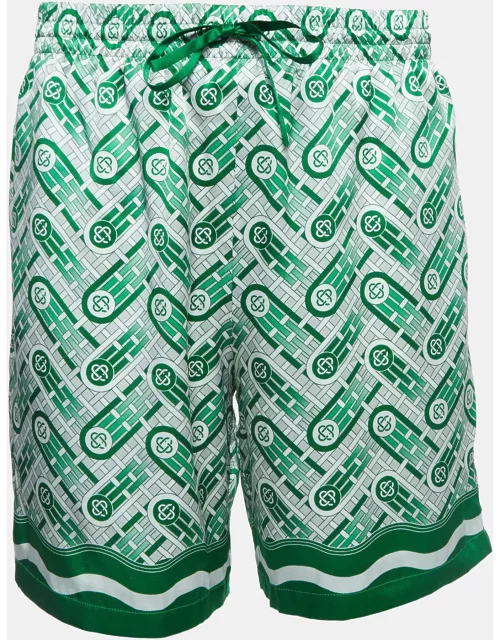 Casablanca Tennis Club Green Monogram Print Silk Shorts