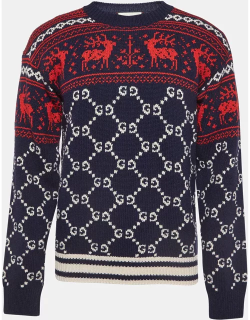 Gucci Blue GG and Reindeer Knit Wool Sweater