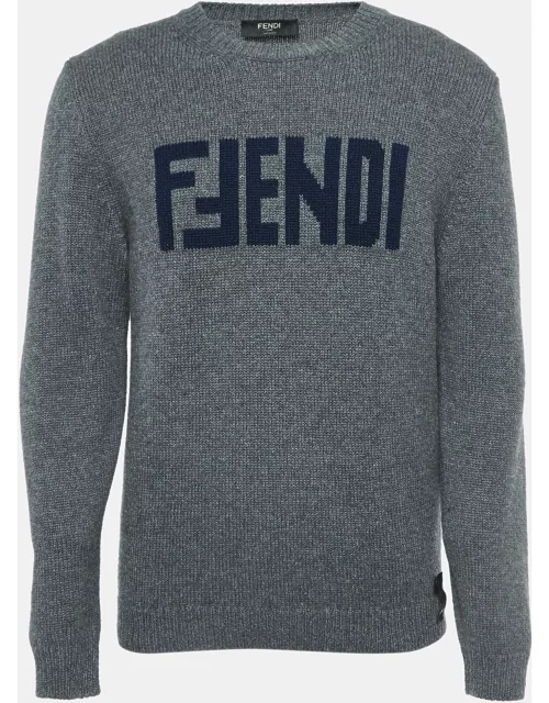 Fendi Grey Logo Intarsia Cashmere Knit Sweater