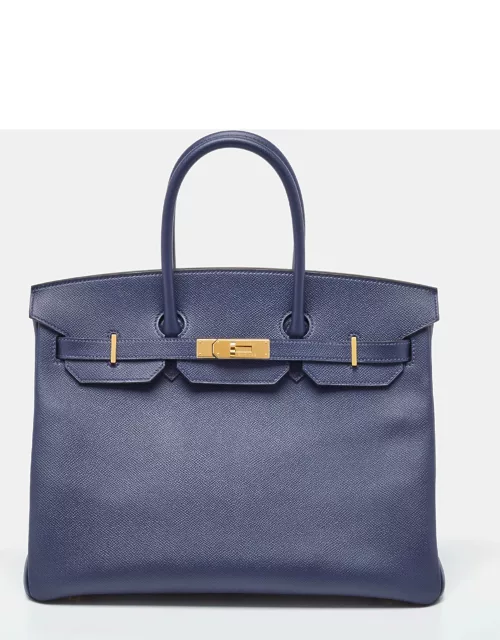 Hermes Blue Saphir Epsom Leather Gold Finish Birkin 35 Bag