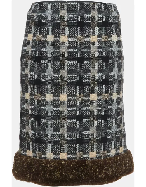 Chanel Black/Grey Patterned Wool Fur Trimmed Skirt