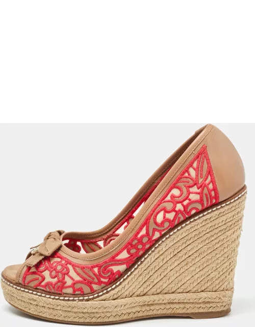 Tory Burch Brown/Pink Leather and Embroidered Fabric Jackie Espadrille Wedge Pump