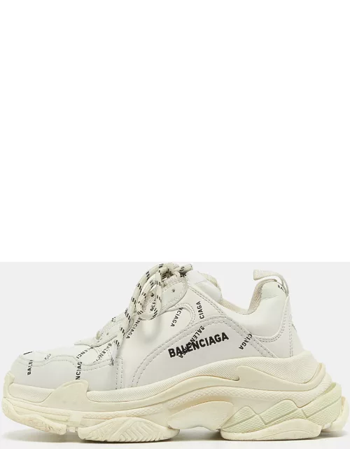 Balenciaga White Logo Print Leather Triple S Sneaker
