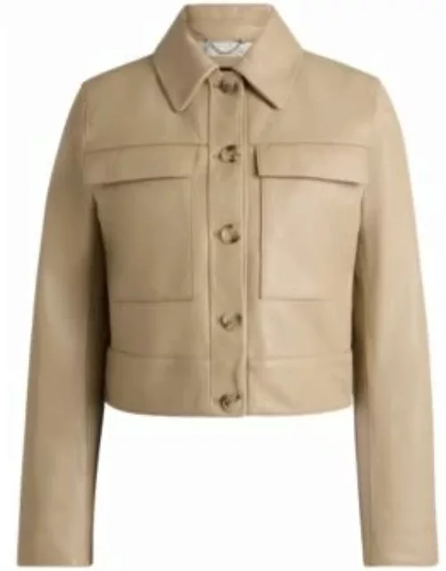 Leather jacket with contrast cuffs and buttoned closure- Light Beige Women's Leather Jacket