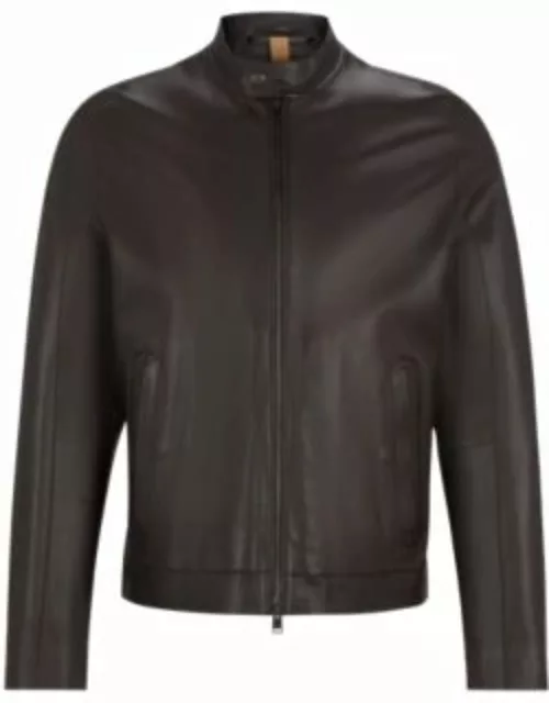Regular-fit jacket in jersey-bonded leather- Dark Brown Men's Leather Jacket