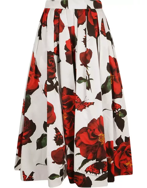 Alexander McQueen Rose Print Pleated Midi Skirt