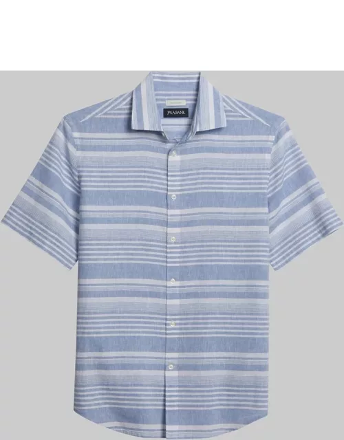 JoS. A. Bank Men's Linen Blend Traditional Fit Short Sleeve Casual Shirt, Blue, Smal