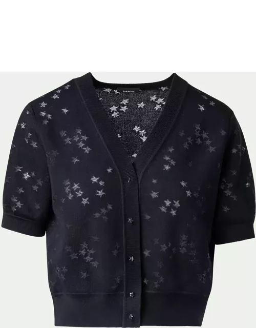 Wool-Silk Blend Knit Short Cardigan with Stars Intarsia Detai