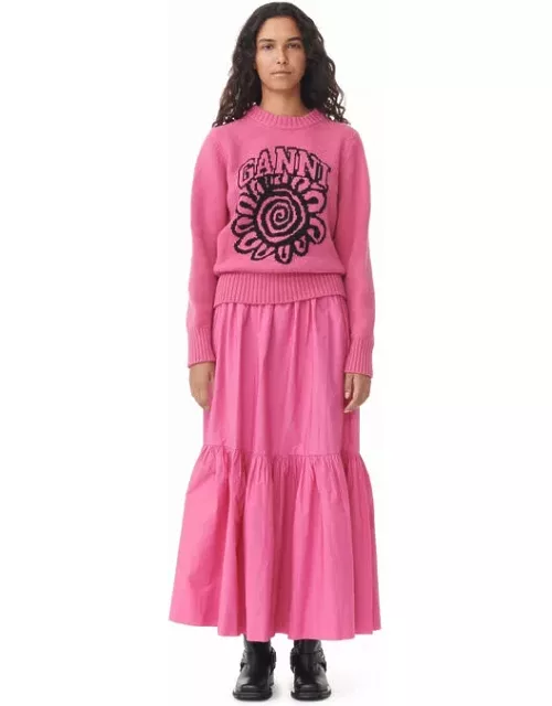 GANNI Pink CottonPoplin Long Flounce Skirt in Cone Flower
