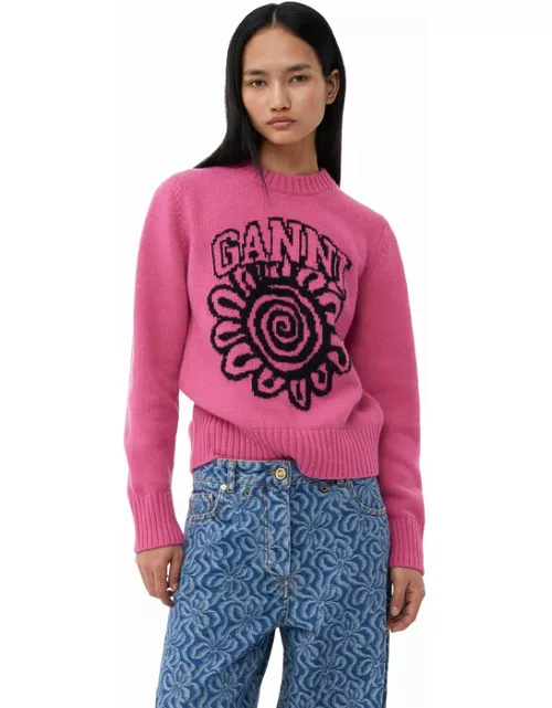 GANNI Pink Flower Graphic O-neck Pullover in Cone Flower