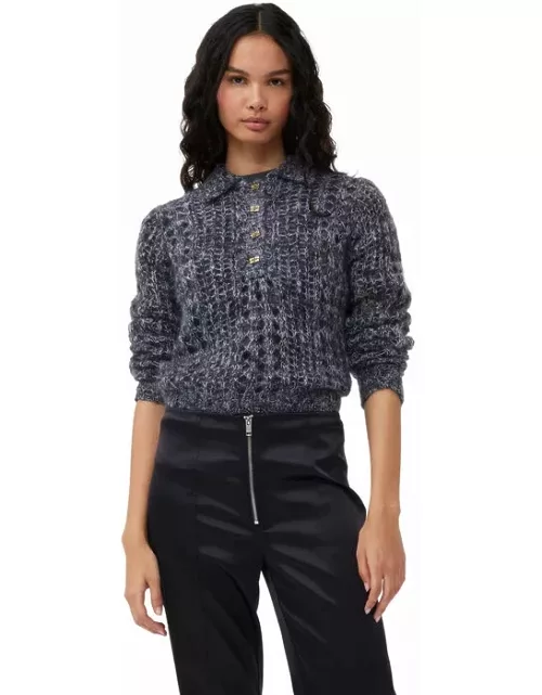 GANNI Grey Mohair Lace Polo Sweater in Black