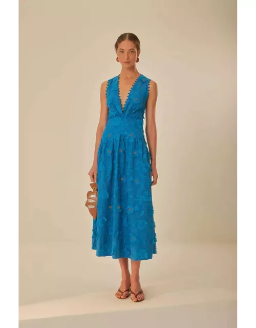 Blue 3D Flower Sleeveless Maxi Dress, BLUE /