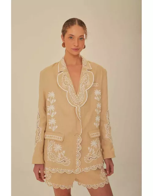 Khaki Embroidered Euroflax Premium Linen Blazer, KHAKI /