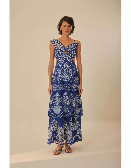 Blue Flower Richelieu Euroflax Premium Linen Midi Dress, NAVY BLUE /